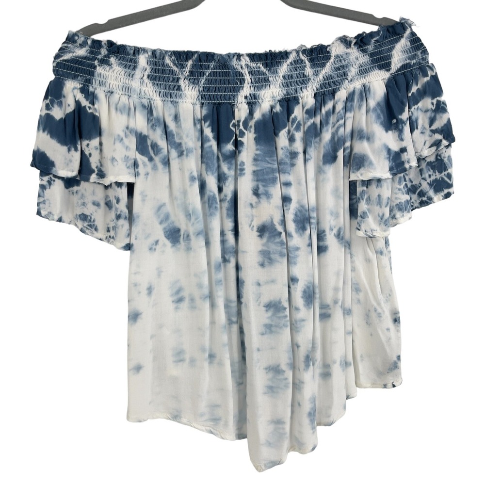 Surf Gypsy Shirt Womens Off Shoulder Blue Tie Dye Flowy Tassel Short Sleeve S - Picture 2 of 10